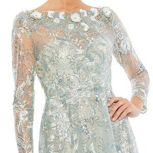 Mac Duggal Green Sequin Floral Embroidered Illusion Long Sleeve Gown Sz 18 NWOT